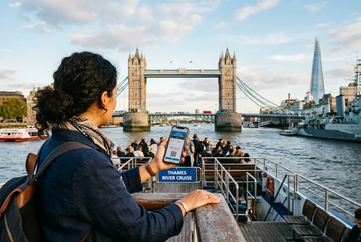 Traveler on the open deck of a Thames river cruise boat comparing the view of Tower Bridge against a phone showing a ticket, best thames river cruise concept