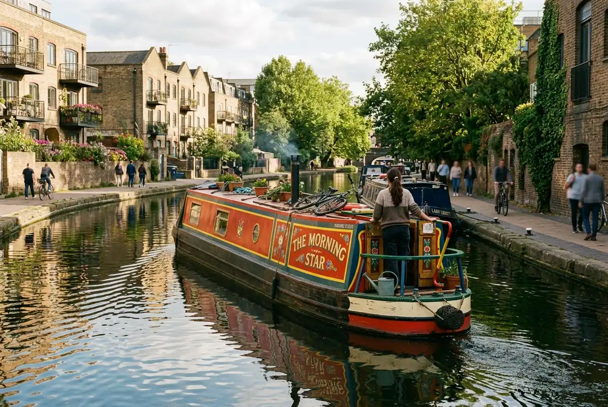 Colorful narrowboat gliding along Regent's Canal past moored houseboats near Little Venice in London on a sunny afternoon, little venice london boat trip scene