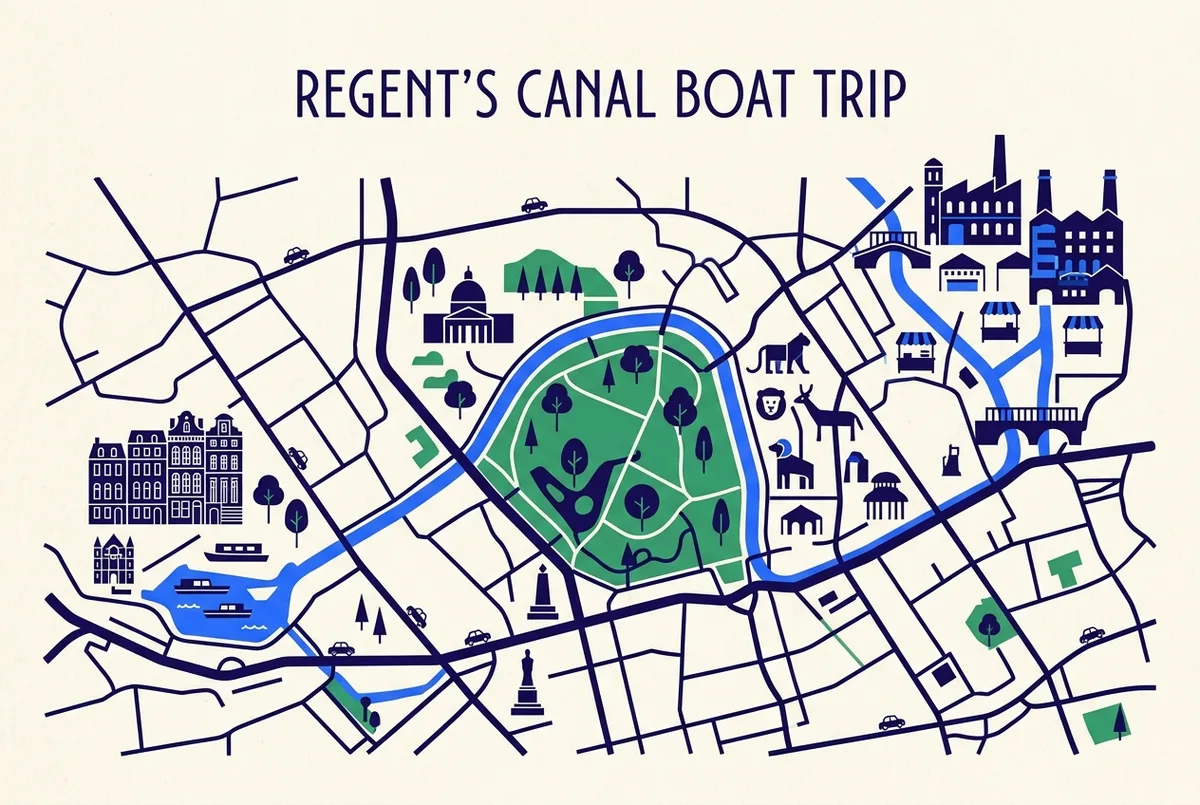 Simple route map infographic showing Regent's Canal running from Little Venice through Regent's Park and past London Zoo to Camden Lock, little venice london boat trip route