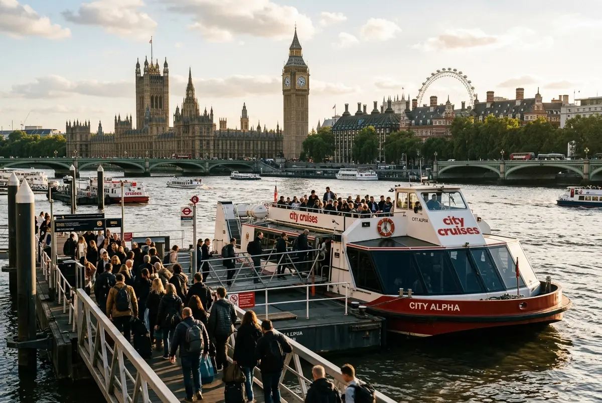 City Cruises Thames river boat docking at Westminster Pier with passengers boarding, city cruises london scene, afternoon light