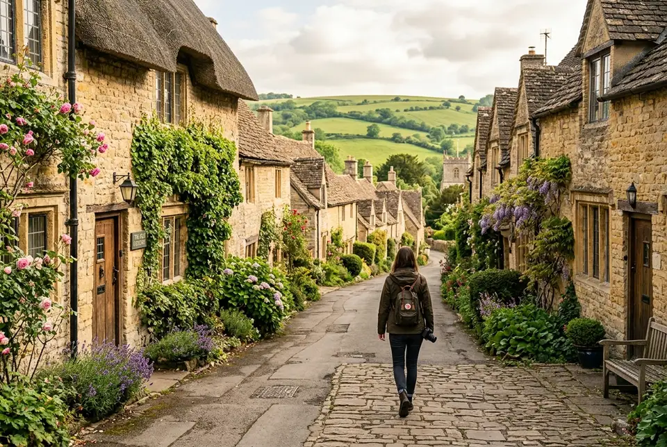 Traveler walking down a quiet lane past golden stone cottages in a Cotswolds village with rolling green hills behind, london day trip cotswolds
