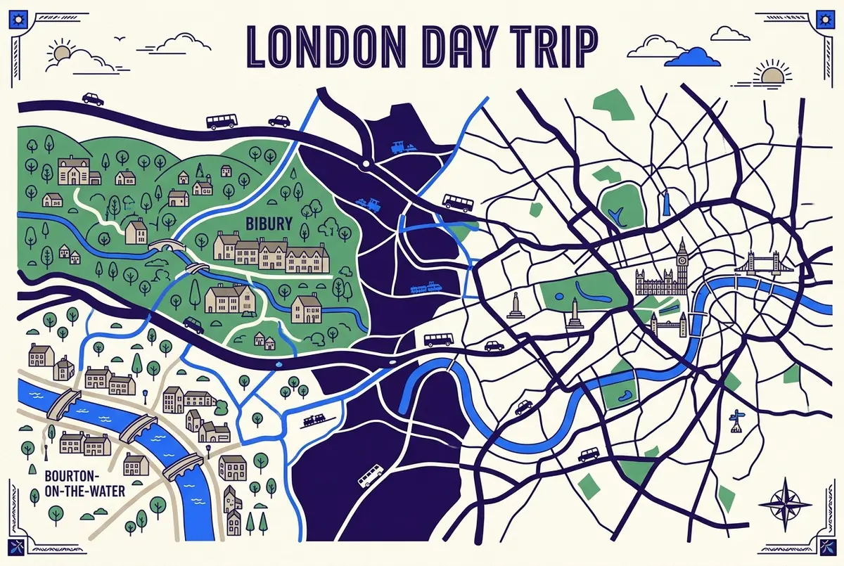 Simple map infographic showing London with roads radiating out to Cotswolds villages including Bibury and Bourton on the Water, london day trip cotswolds villages map