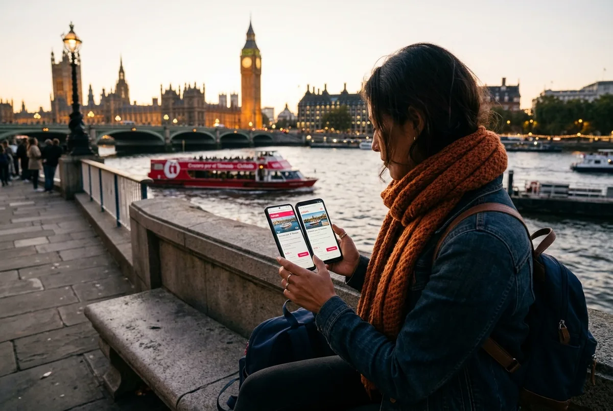 Viajero hispanohablante comparando dos páginas de reserva de crucero por el Tamesis en un móvil sentado junto al río con el Big Ben al fondo, crucero por el tamesis civitatis