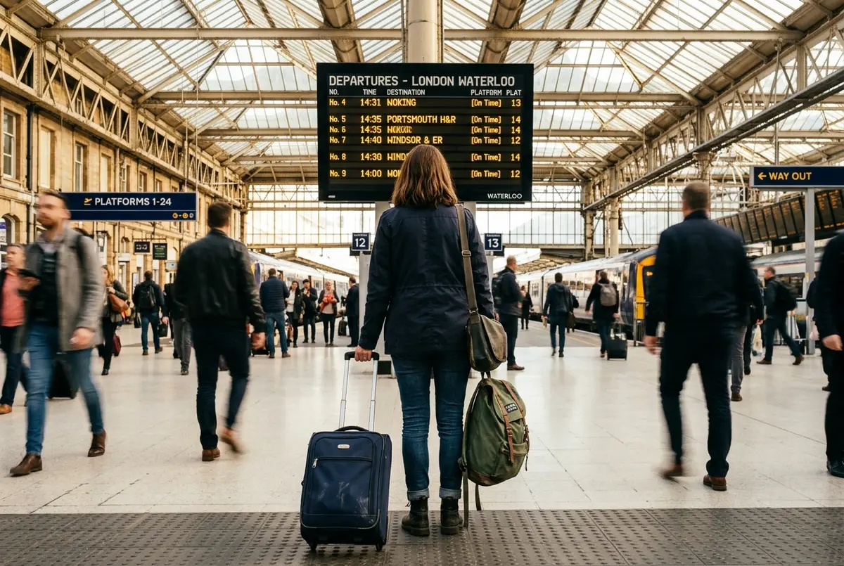 Traveler checking a train departure board at a London railway station with a suitcase and a day bag, london day trip by train scene