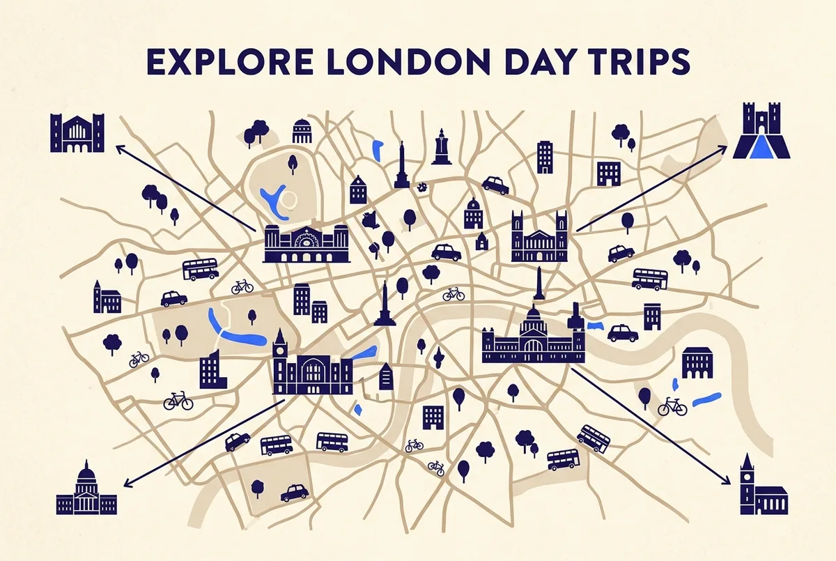 Simple map infographic showing the four main London train stations, Waterloo, Paddington, Marylebone and St Pancras, each with a line radiating out to its day trip destination