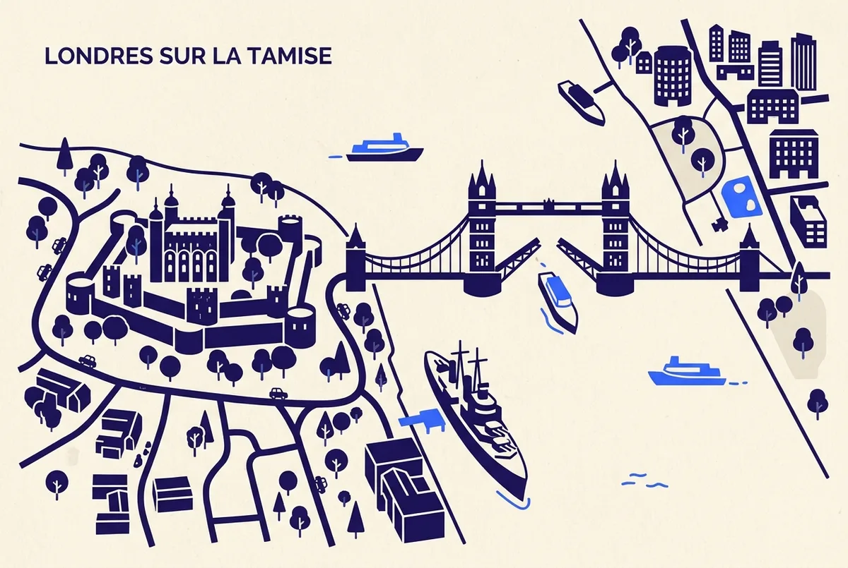 Carte simple de la Tamise près de Tower Bridge indiquant la position amarrée du HMS Belfast par rapport à la Tour de Londres, carte visite bateau militaire londres