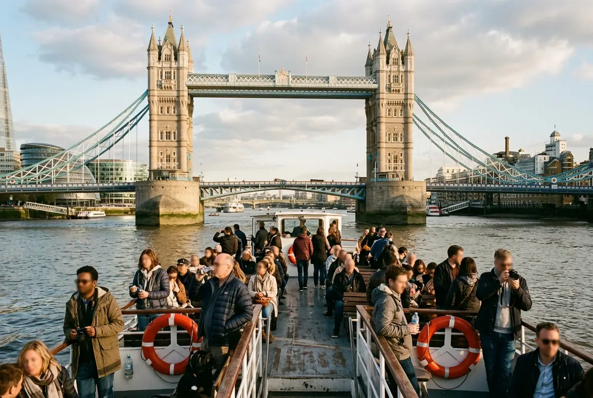 London boat tour cruise passing Tower Bridge on the River Thames with passengers on the open deck