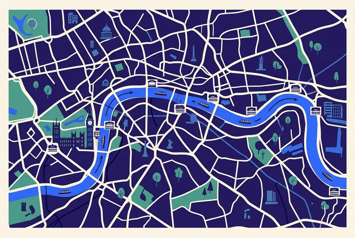 Map showing the main London boat tour departure piers along the River Thames from Westminster to Greenwich