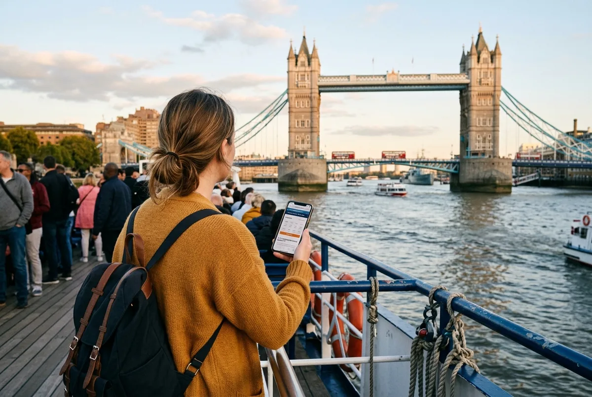 Rejsende på det åbne dæk af en sightseeing sejltur på Themsen, der vejer udsigten til Tower Bridge op mod en telefon med bookingmuligheder, sejltur themsen det værd