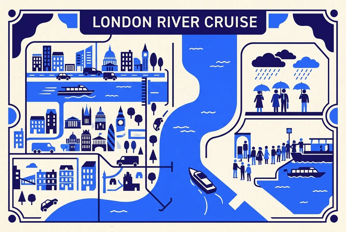 Simple pros and cons comparison graphic for a Thames river cruise listing time saved, landmark coverage and weather risk side by side, thames river cruise worth it comparison
