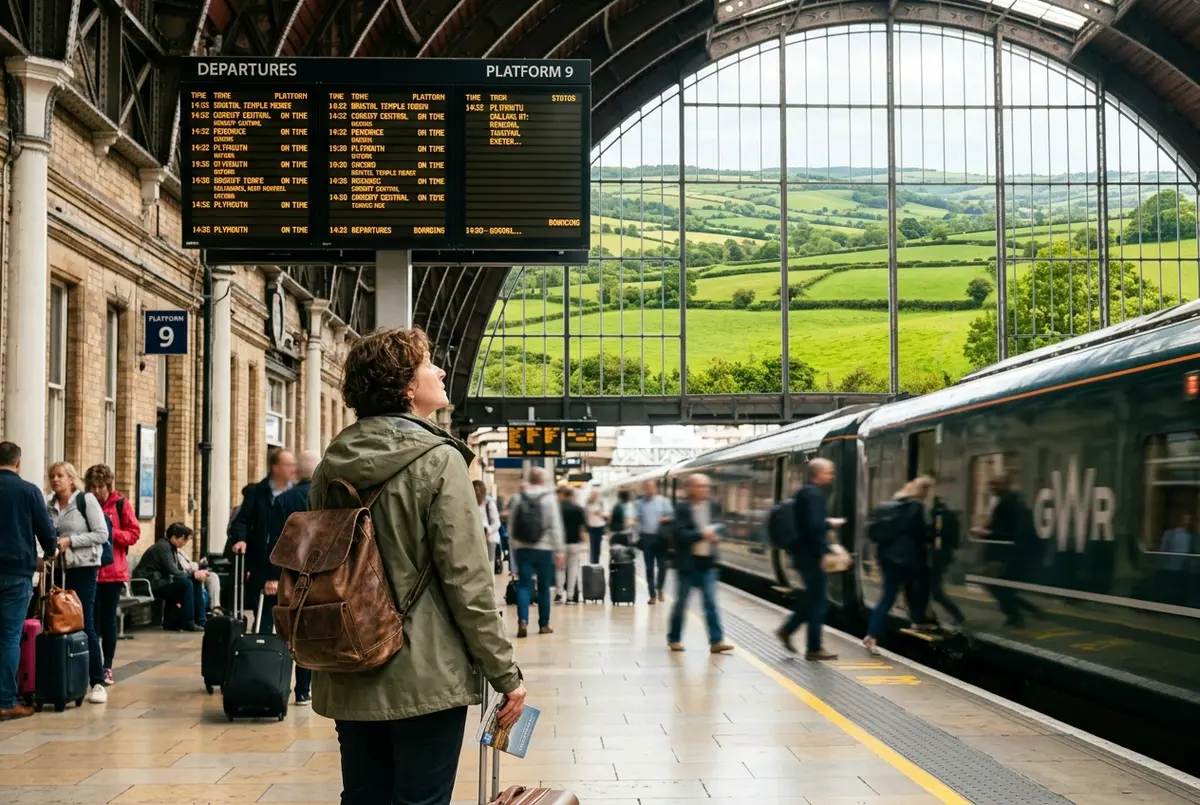 Traveler at a London train station platform checking a departure board with a green countryside landscape visible through a large window, london day trips