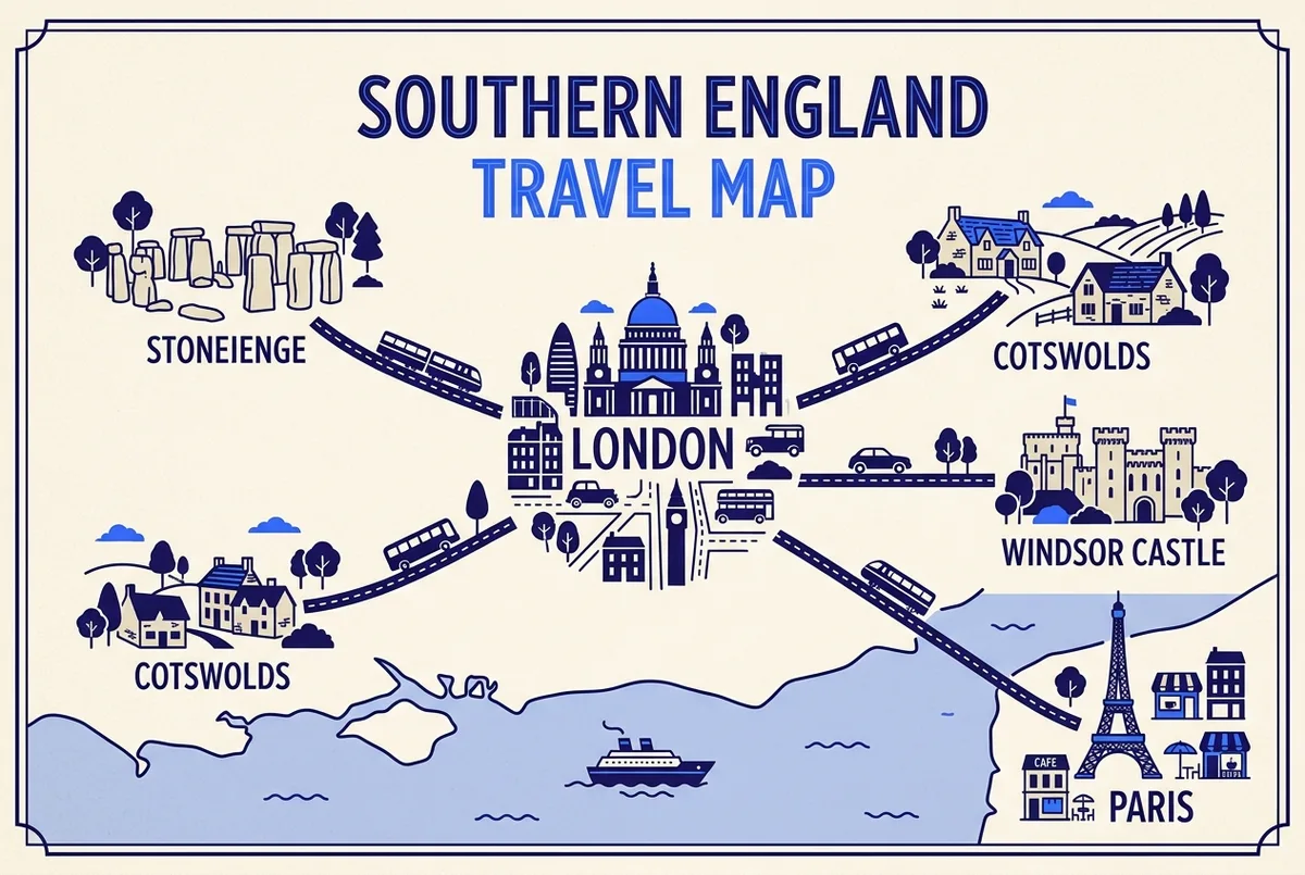 Simple map infographic of southern England showing London at the center with routes radiating out to Stonehenge, the Cotswolds, Windsor Castle, and Paris, london day trips map