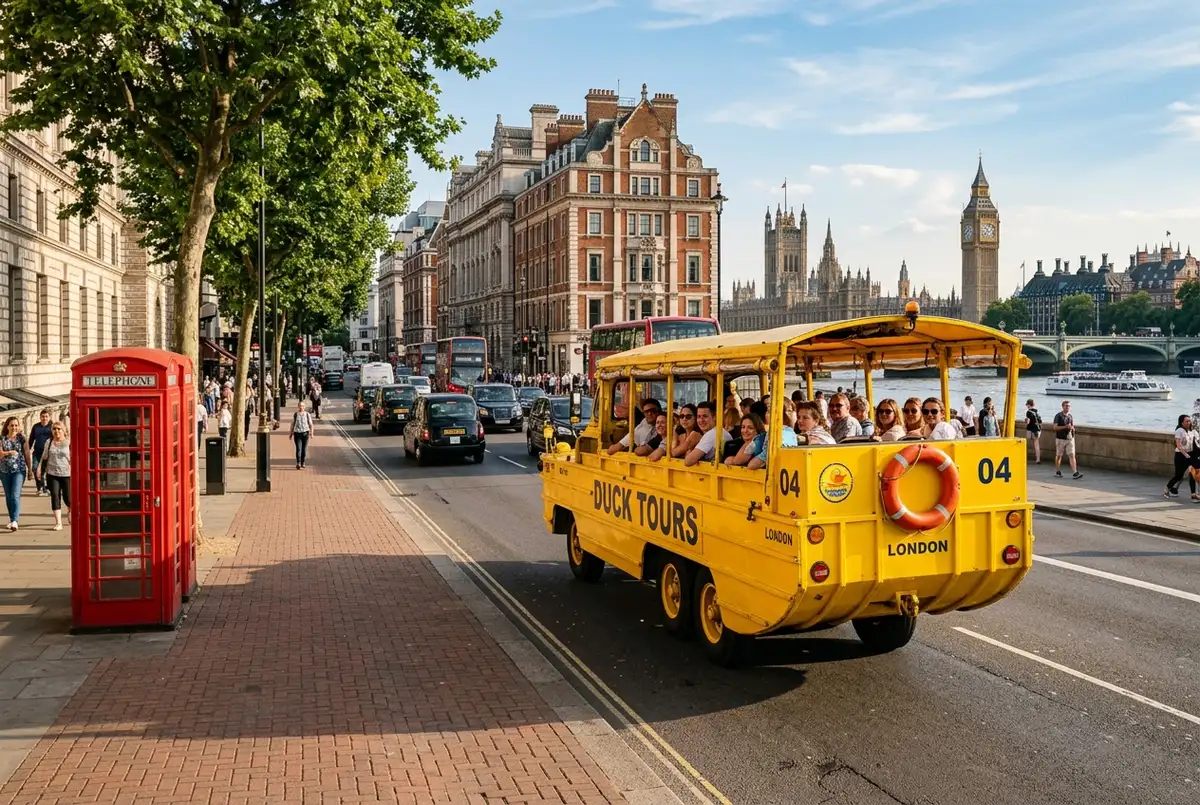 Bright yellow amphibious duck tour vehicle driving along a London street past red telephone boxes before heading toward the River Thames, duck tours london scene