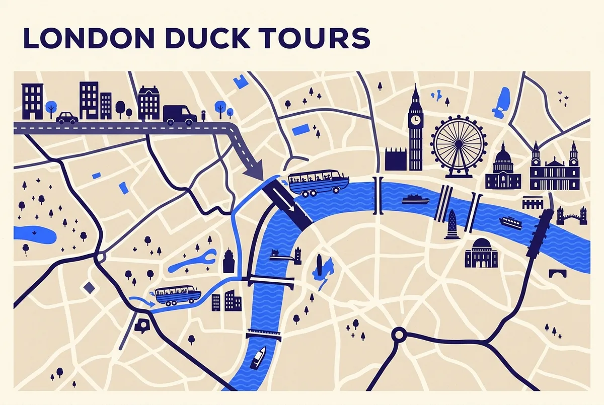 Simple infographic style map showing a London Duck Tour vehicle route starting on a city street and continuing onto the River Thames via a riverside slipway, duck tours london route concept