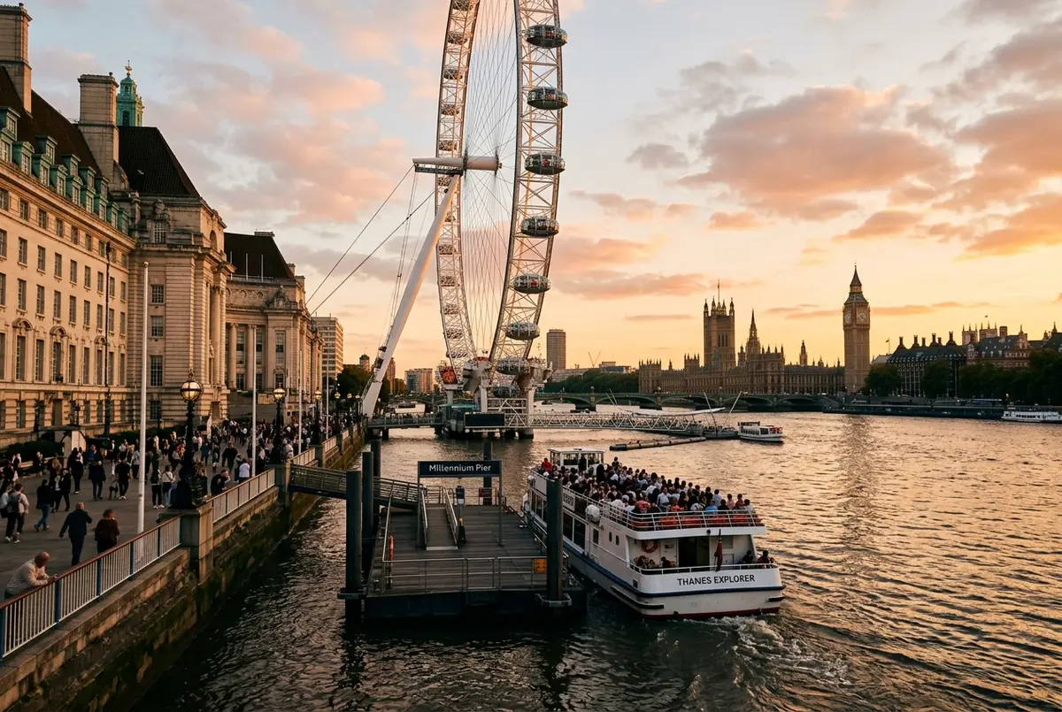 Rodzina wsiadająca na łódź rejsu po Tamizie bezpośrednio pod kołem London Eye o złotej godzinie