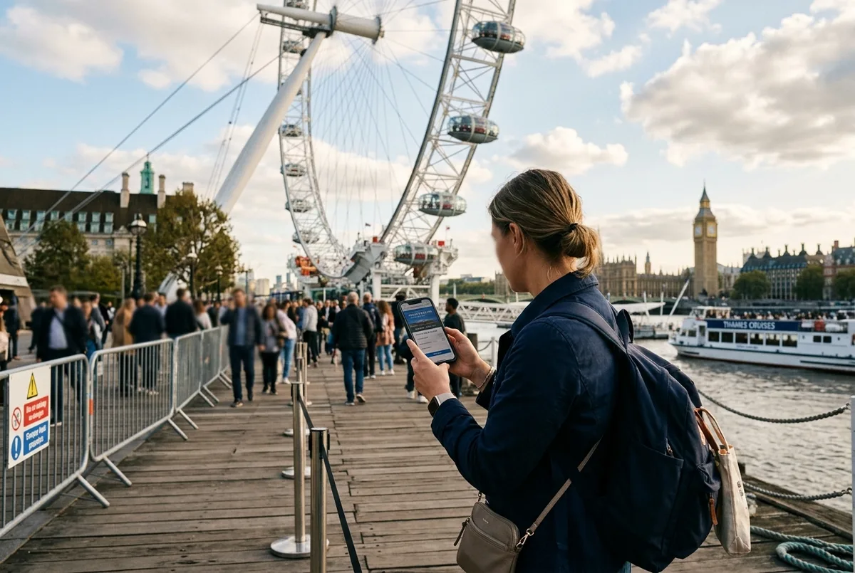 Traveler checking a phone showing a london eye river cruise ticket price while standing at the pier beneath the London Eye