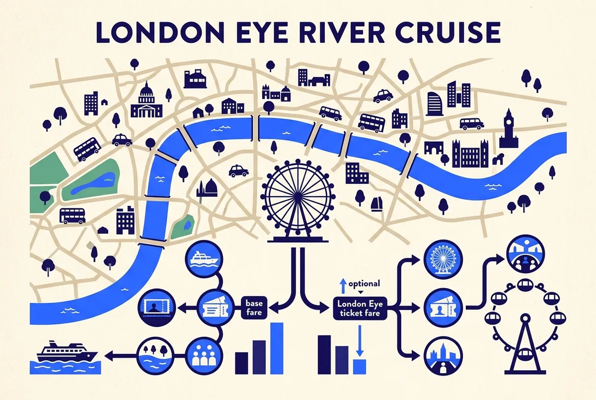 Simple price breakdown infographic showing the london eye river cruise base fare separate from the optional London Eye ticket fare, london eye river cruise tickets price comparison