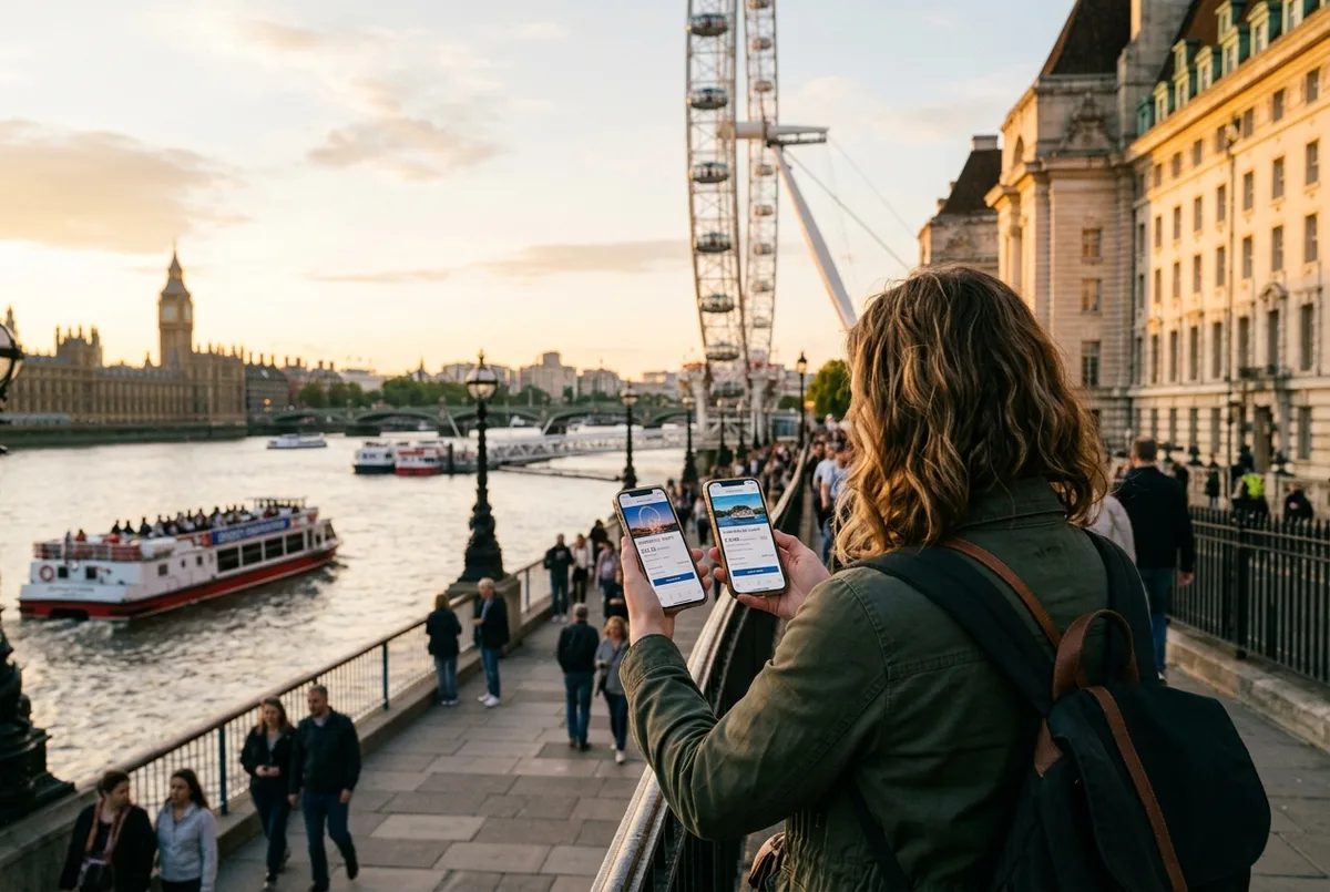 Traveler comparing two phone screens showing separate london eye and river cruise ticket prices near County Hall at golden hour