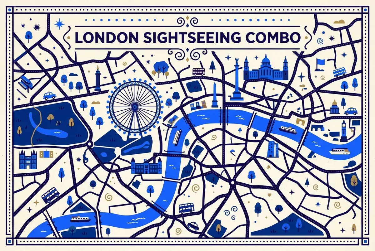 illustrated map of London highlights for London Eye and River Cruise: Combo vs Buying Separately, london eye river cruise combo vs separate tickets