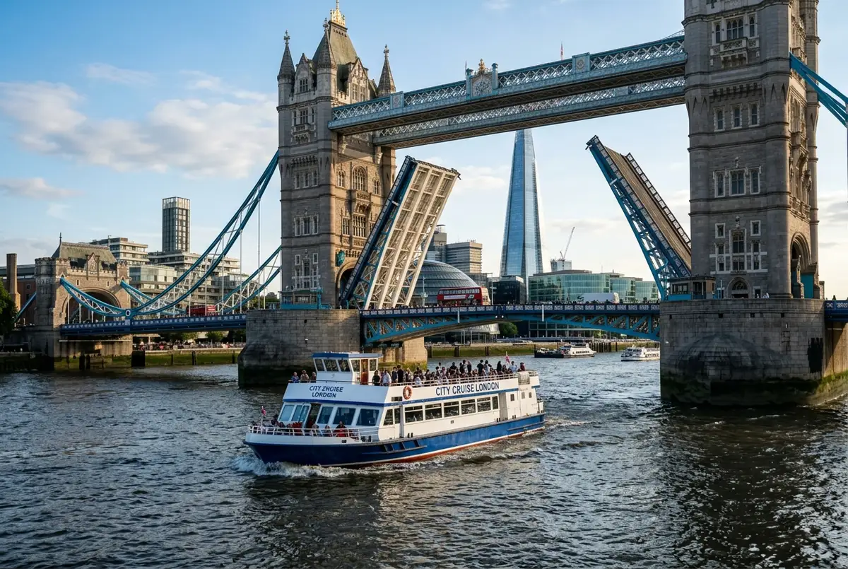 Sightseeing sejltursbåd på Themsen passerer under Tower Bridge på vej nedstrøms mod Greenwich en klar eftermiddag, sejltur london greenwich