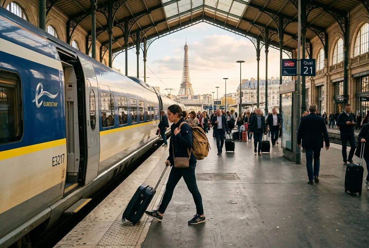 Traveler stepping off a Eurostar train onto the platform at Gare du Nord in Paris with the Eiffel Tower visible in the distance, london day trip paris scene