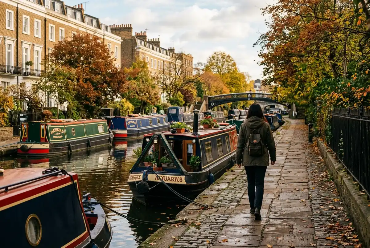 Visitor walking along the towpath beside Regent's Canal with moored houseboats and a passing narrowboat on the water, regents canal walk vs boat scene