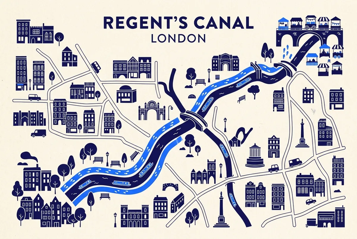 Simple map comparing a walking towpath route and a narrowboat route both running between Little Venice and Camden Lock along Regent's Canal, regents canal walk vs boat route comparison