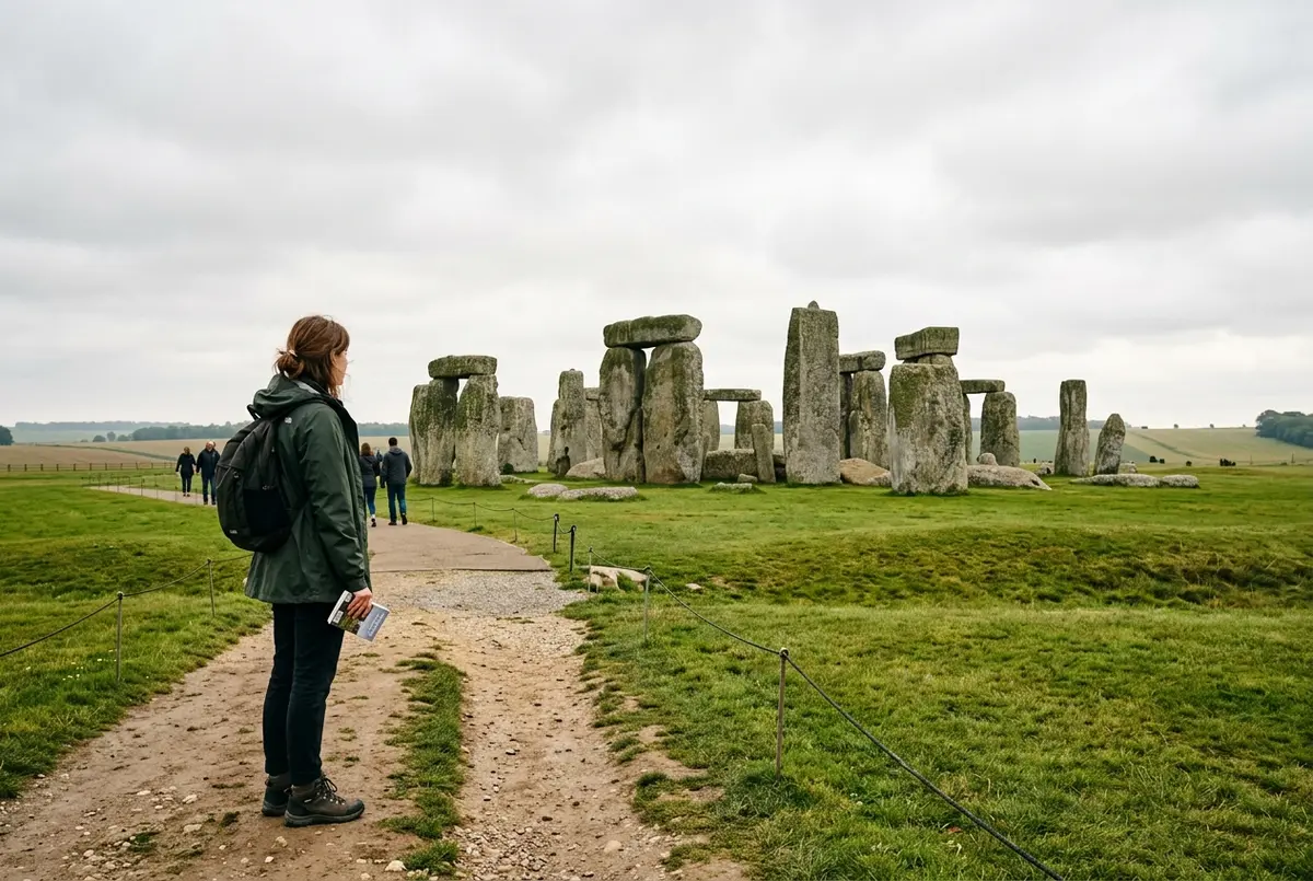 Traveler standing on the pathway at Stonehenge looking at the ancient stone circle under a bright overcast sky, london day trip stonehenge