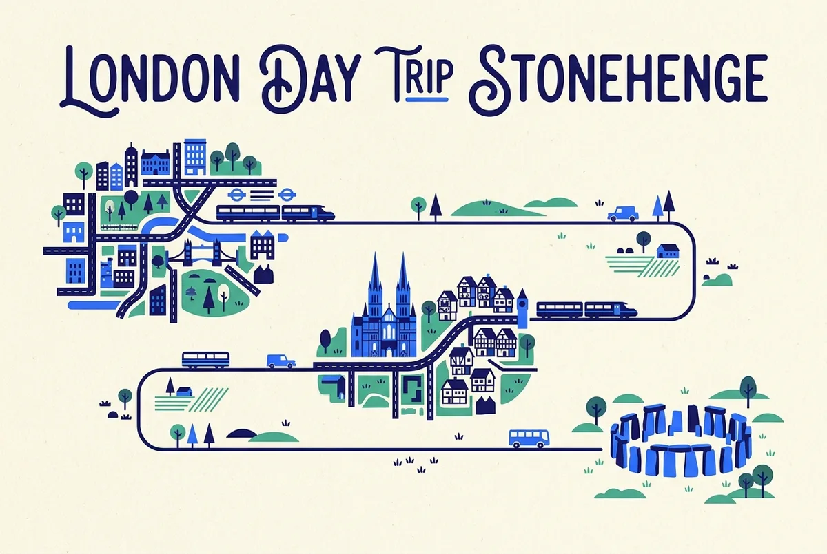 Simple route map infographic showing a direct line from London Waterloo station to Salisbury and on to Stonehenge, london day trip stonehenge route