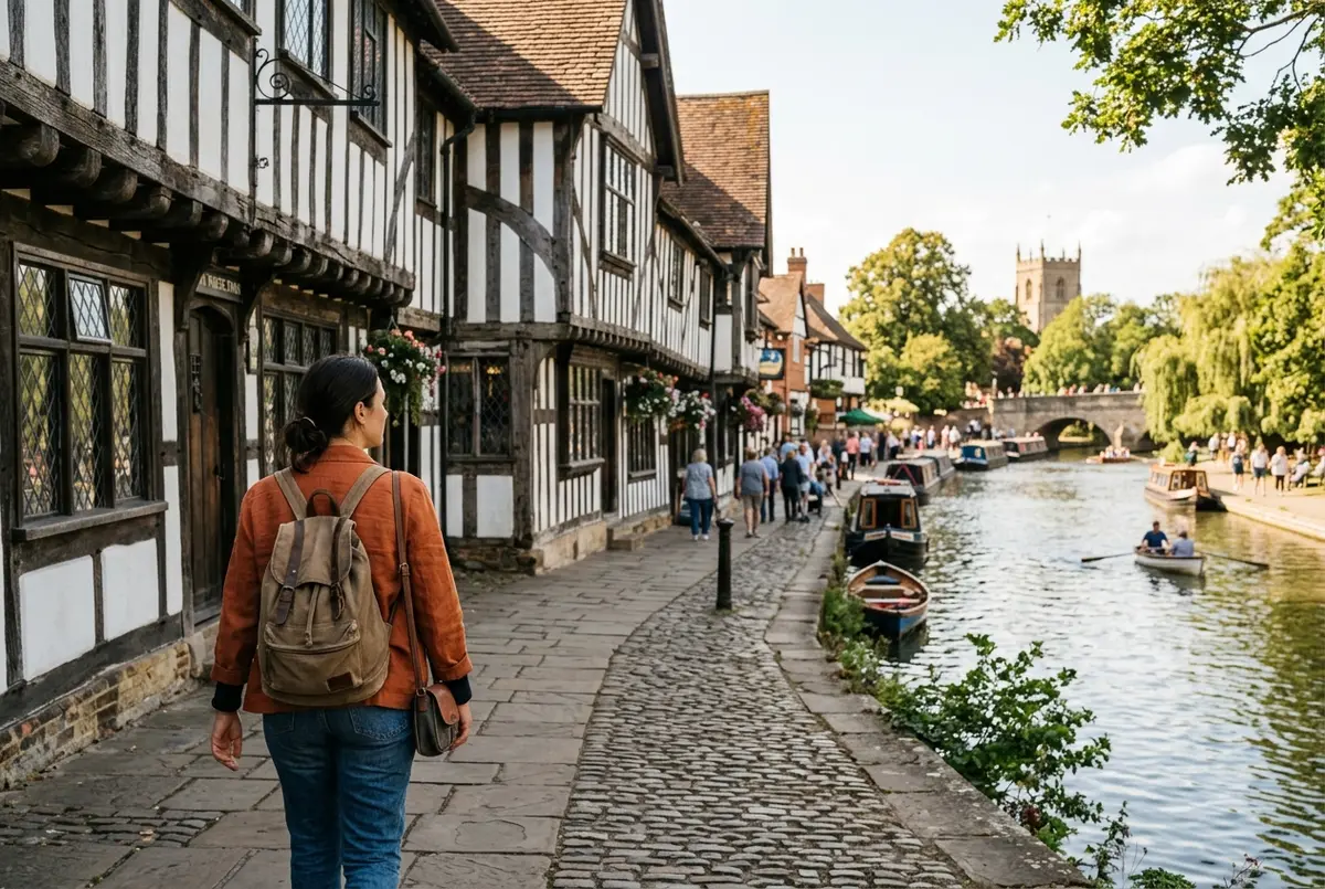 Traveler walking past Tudor timber-framed buildings in Stratford-upon-Avon with the River Avon visible in the background, london day trip stratford upon avon scene