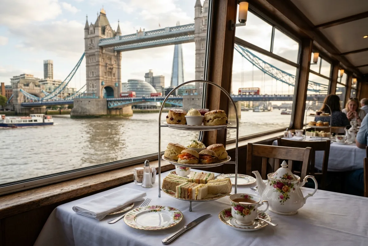 Tiered cake stand with sandwiches and scones set on a table aboard a thames afternoon tea cruise boat with Tower Bridge visible through the window