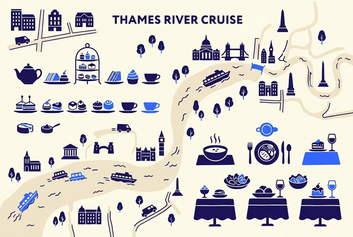 Simple infographic comparing a thames afternoon tea cruise tier against a full lunch and dinner cruise tier by course count and price range