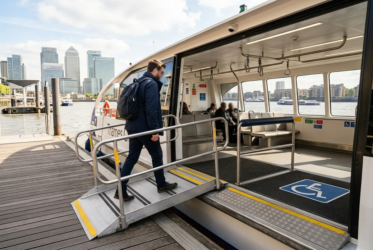 Passageiro em cadeira de rodas a embarcar por uma rampa de acesso num cais do Uber Boat by Thames Clippers em Londres, thames clipper accessibility