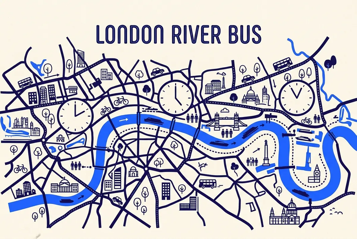 Enkel infografik med exempel på avgångstider längs en thames clipper timetable från väst till öst på Themsen