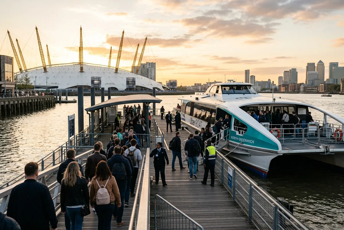 Viatgers i assistents a un concert pujant al moll de North Greenwich a un catamarà Thames Clipper a prop de la O2 Arena a l'hora blava, thames clipper greenwich