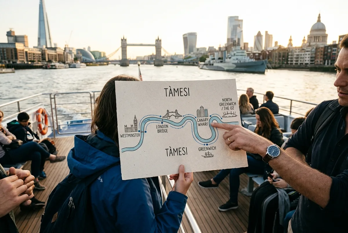 Enkel linjegrafik över Themsen med thames clipper greenwich-rutten från Westminster via Canary Wharf till Greenwich och North Greenwich vid The O2