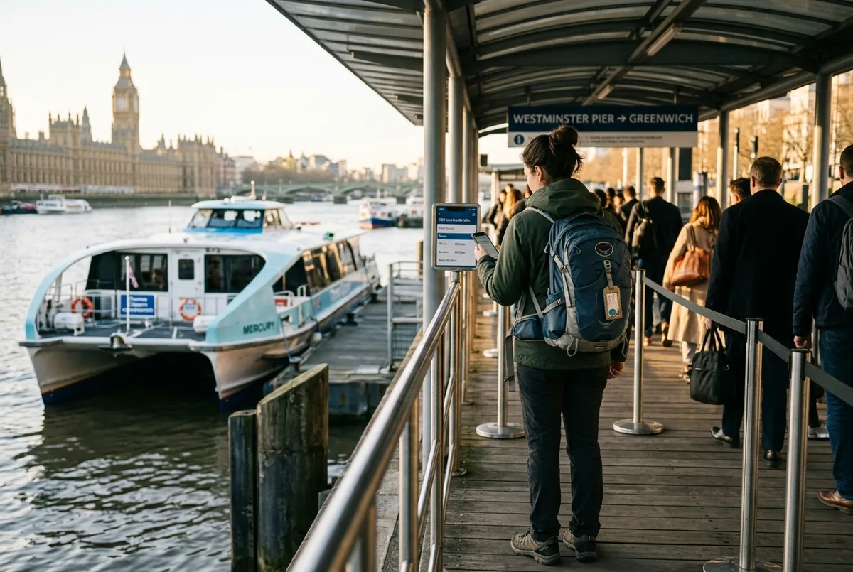 テムズクリッパーの乗り場でスマートフォンの時刻表アプリを見ながら乗船列に並ぶ旅行者、朝のテムズ川沿いの乗り場、テムズクリッパー 時刻表を確認する様子