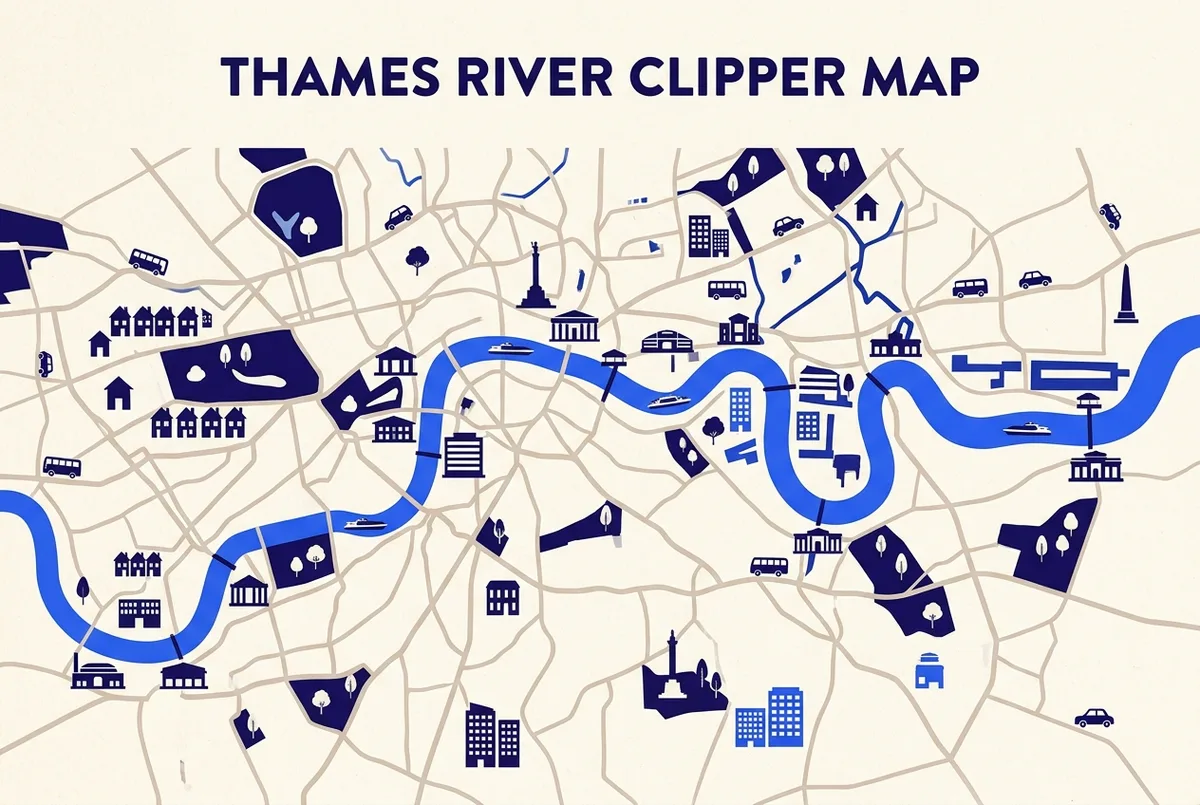 Mapa senzill del Tàmesi amb els principals molls del Thames Clipper des de Putney fins a Woolwich en totes dues direccions