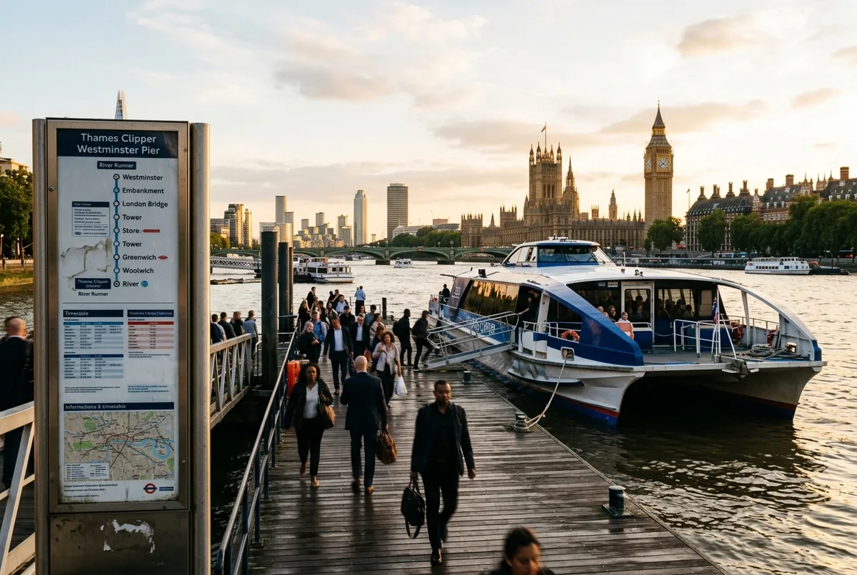 Catamarano Uber Boat by Thames Clippers in attracco a un molo di Londra accanto a un pannello con orari e moli all'ora dorata, mappa thames clipper