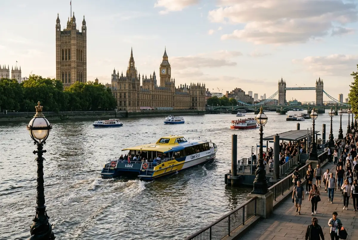 Łódź Thames Clipper odpływająca od pomostu Westminster Pier w kierunku Tower Bridge, widok z brzegu Tamizy