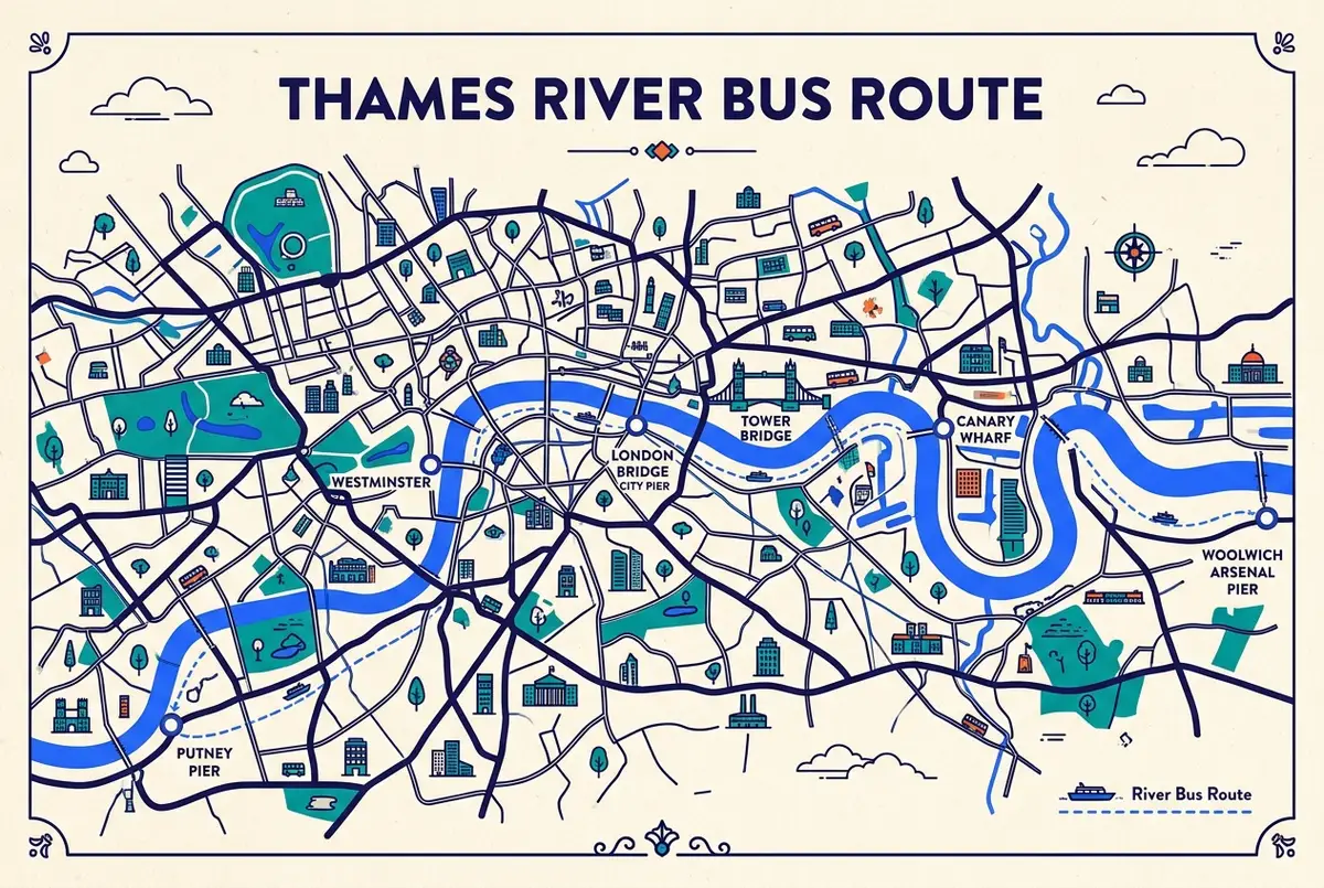 Mapa trasy Thames Clipper od Putney Pier przez Westminster, London Bridge City Pier, Tower Bridge, Canary Wharf do Woolwich Arsenal Pier, z zaznaczonymi wszystkimi głównymi przystankami