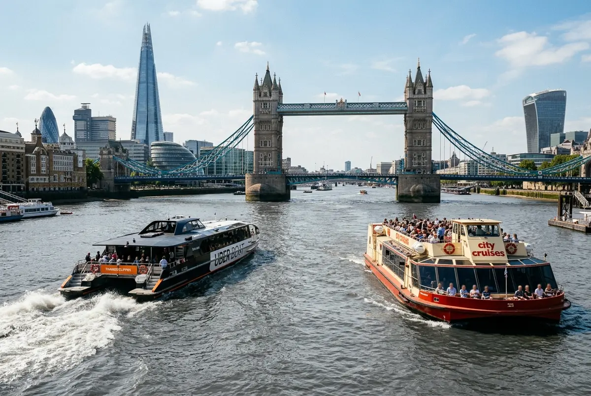 Rejsende sammenligner en thames clipper flodbus og en sightseeing sejltursbåd side om side ved en brygge på Themsen i London i aftenlys