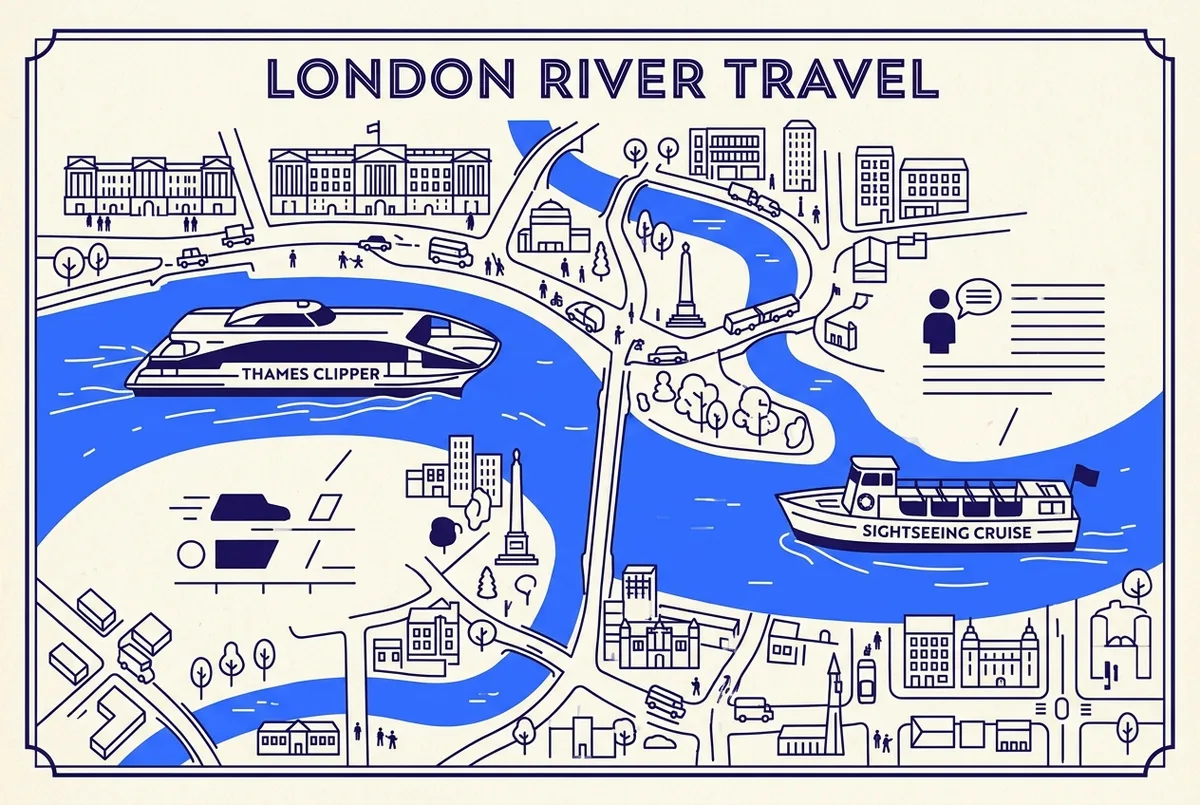 Enkel sammenligningsinfografik med to kolonner, en for thames clipper flodbus og en for sejlturen på Themsen, der viser tempo, guidning og billettype side om side