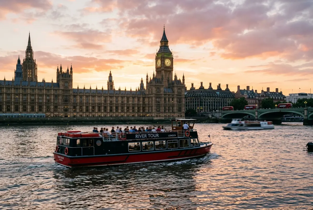 Vista ravvicinata dal ponte scoperto di una barca da crociera sul Tamigi che passa sotto il Tower Bridge con la Torre di Londra sullo sfondo, monumenti crociera sul tamigi