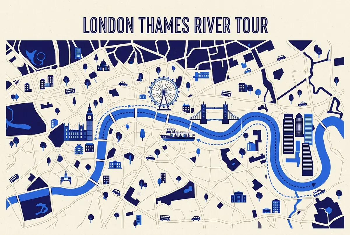 Illustrierte Karte der Themse-Sightseeing-Route in Fahrtreihenfolge mit Houses of Parliament, London Eye, Tower Bridge und Canary Wharf als beschrifteten Wahrzeichen-Icons, sehenswuerdigkeiten themse bootsfahrt route karte