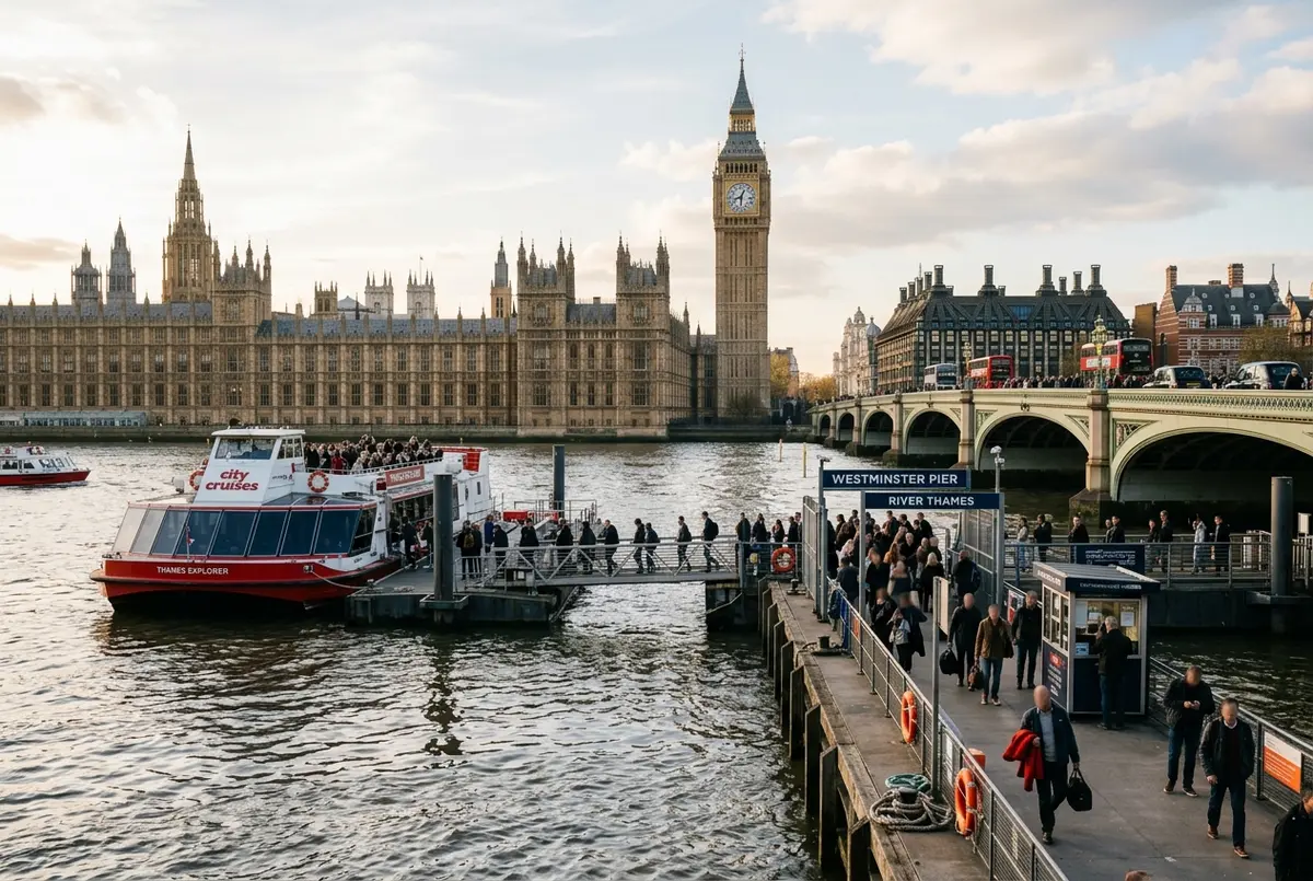 Vista amplia de Westminster Pier en el río Támesis con un barco de crucero panorámico atracado y el Big Ben visible al fondo, escena de dónde embarcar el crucero por el tamesis