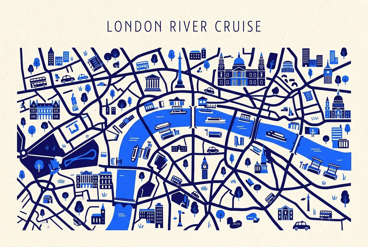 Mapa sencillo de los muelles de crucero por el Támesis en Londres con Westminster, Tower, London Eye y Greenwich marcados junto al río, mapa de dónde embarcar el crucero por el tamesis