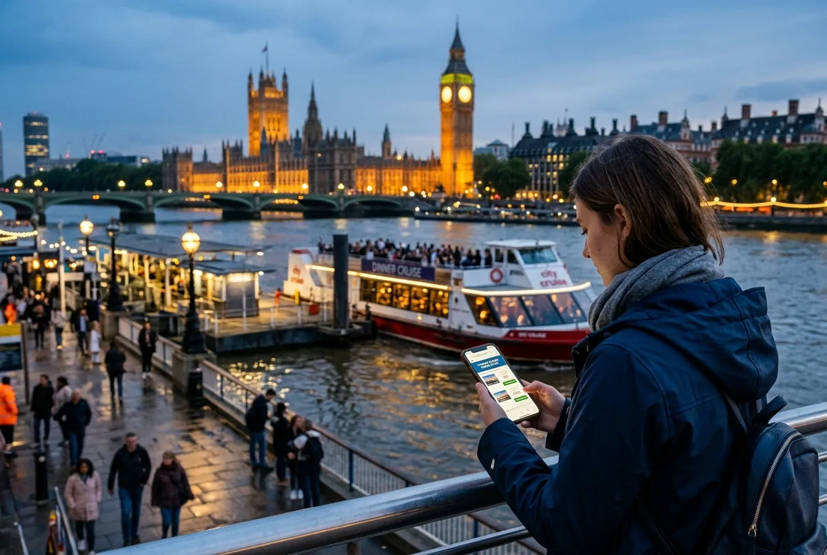 Traveler comparing a thames dinner cruise price list on a phone at dusk with an illuminated dinner cruise boat crossing behind Westminster Pier