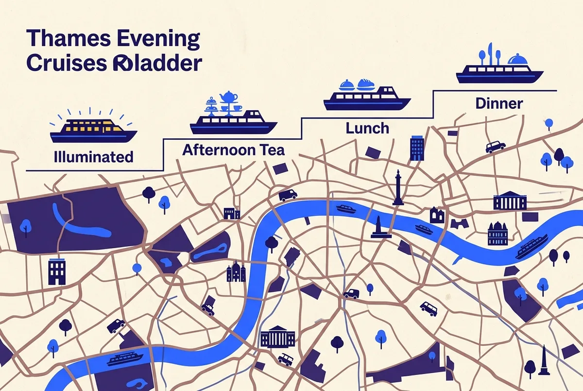 Infographic style price-tier ladder comparing four Thames evening cruise categories labeled Illuminated, Afternoon Tea, Lunch and Dinner cruise with simple boat and food icons for each
