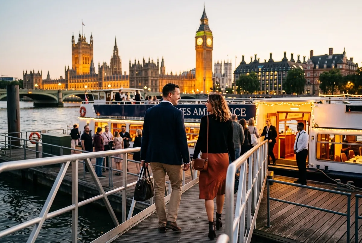 Well dressed couple in smart casual outfits boarding a thames dinner cruise boat at Westminster Pier at dusk